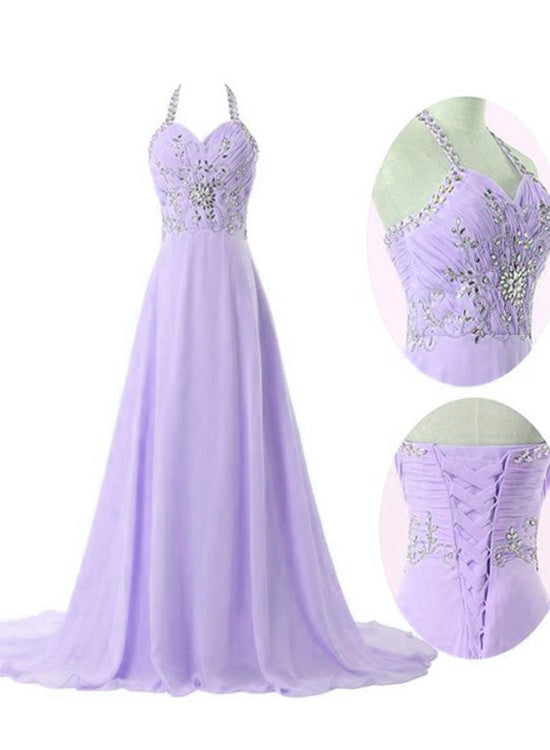 solvbao Lavender Chiffon Long Formal Gowns, Halter Beaded Prom Dresses , Handmade Formal Dresses