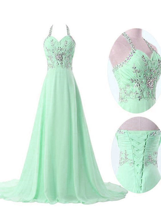 Solvbao Mint Green Chiffon Sweetheart Halter A-line Beaded Formal Dress, Mint Party Dresses, Prom Dress