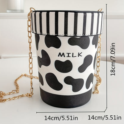 solvbao  Personality Creative Cow Pattern Bucket Crossbody Bag, Small Cute PU Leather Chain Purse