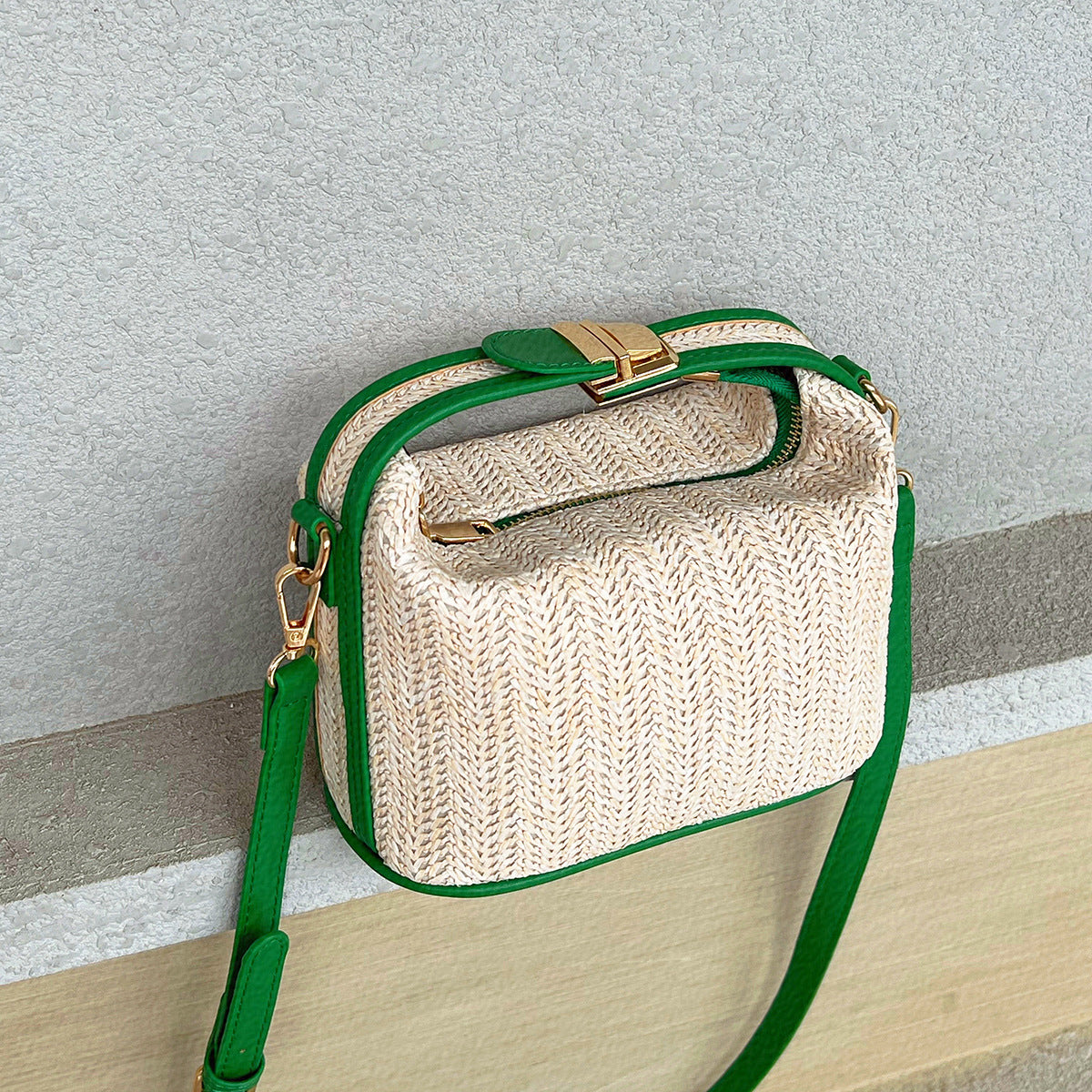 solvbao  Straw Crossbody Bag, Vacation Style Zipper Shoulder Bag With Top Handle & Removable-strap