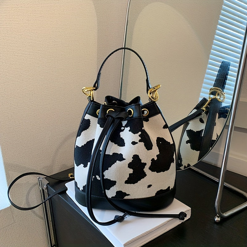 solvbao  Cow Pattern Bucket Bag, Trendy Stitching Crossbody Bag, Women's Small Drawstring Purse