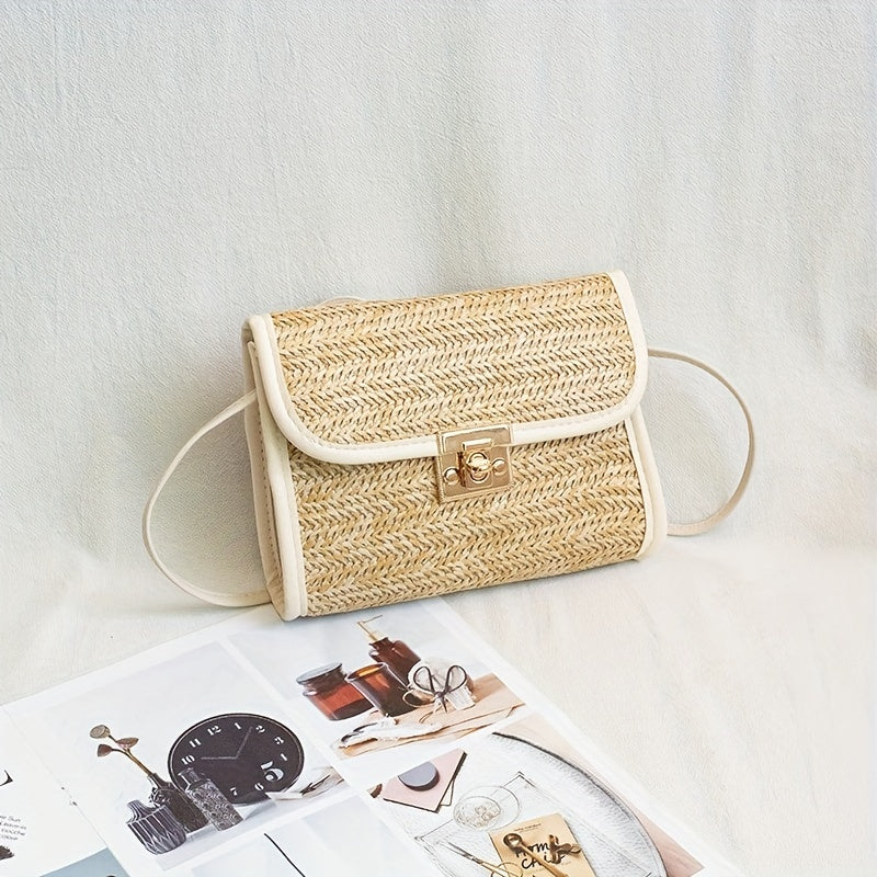 solvbao  Summer Woven Straw Bag, Boho Style Crossbody Bag, Trendy Square Purse For Women Vacation