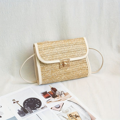 solvbao  Summer Woven Straw Bag, Boho Style Crossbody Bag, Trendy Square Purse For Women Vacation