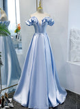 Solvbao Blue Satin Simple Off Shoulder Long Party Dress , A-line Light Blue Prom Dresses