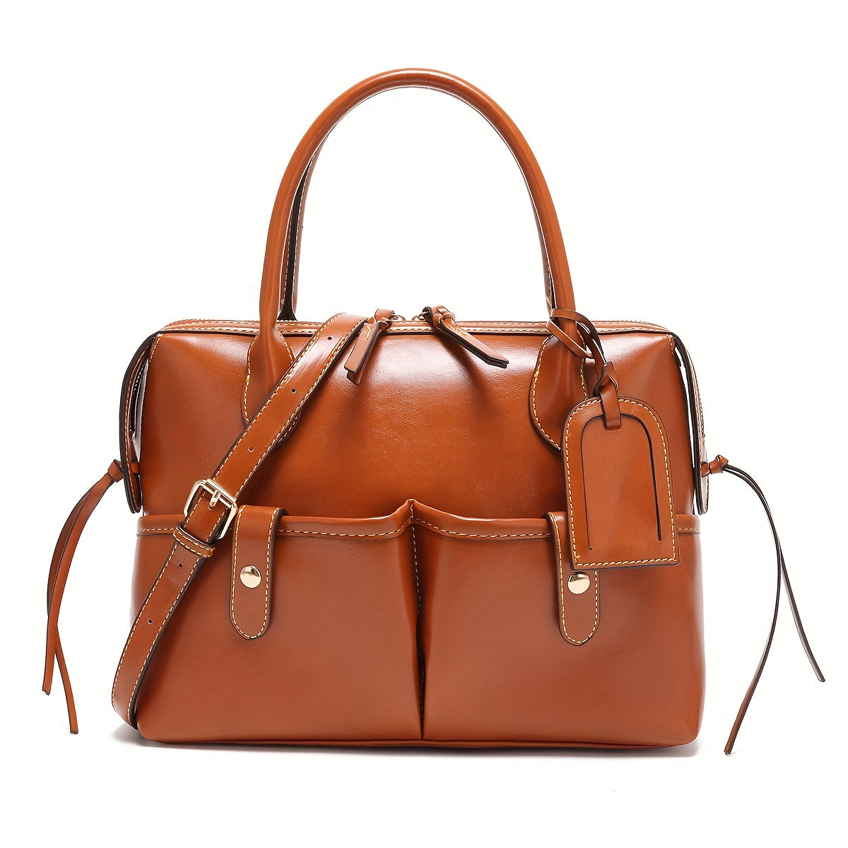 Retro Style Solid Color Handbag, Oil Wax Leather Shoulder Bag, Multi Pockets Office & Work Tote Bag