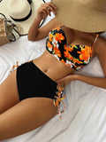 2 Piece Floral Print Bikini Set - Cross Lace Up, High Waisted, Underwire, Spaghetti Strap, Tie Side, Adjustable, Comfortable, Chic Women's Swimwear & Clothing for Beach Vacation