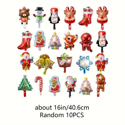 10-Pack Assorted Mini Aluminum Foil Balloons for Holiday Parties - No Electricity Needed - Santa, Reindeer, Gingerbread Man Designs - Suitable for Ages 14+