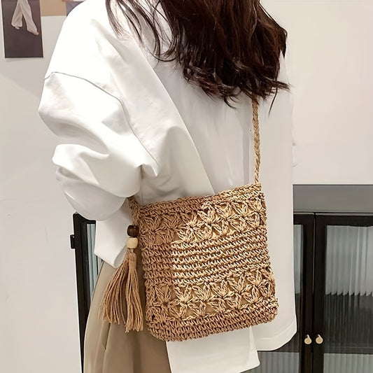 solvbao  Hollow Woven Crossbody Bag, Boho Style Straw Beach Bag, Tassel Decor Square Bag For Summer Travel