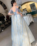 solvbao Charming Lace Light Blue V-neckline Long Prom Dress, A-line Formal Dress Evening Dress