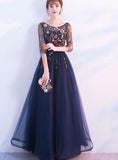 solvbao Beautiful Navy Blue Tulle Party Dress  with Flowers, Elegant Wedding Party Dress