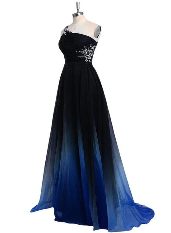 Solvbao Blue One Shoulder Gradient Long Sleeveless Open Back Beading Prom Dress,Formal Dress 2018