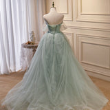 Solvbao Light Green Tulle Beaded Ball Gown Off Shoulder Party Dress, Green Sweet 16 Dress