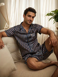 2 Pcs Men's Silky Trendy Stripe Print Reverse Neck Short Shirts & Shorts Pajama Sets, Comfortable & Skin-friendly Style Pajamas For Men's Cozy Loungewear