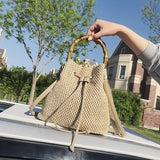 solvbao Bamboo Handle Straw Bag, Women's Drawstring Design Bucket Bag, Trendy Summer Beach Handbag