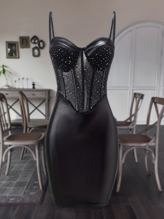 Glamorous Rhinestone Bustier Bodycon Cami Dress - Alluring Backless Spaghetti Strap Design - Fashion-Forward Womens Evening Wear