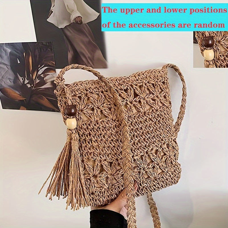 solvbao  Hollow Woven Crossbody Bag, Boho Style Straw Beach Bag, Tassel Decor Square Bag For Summer Travel