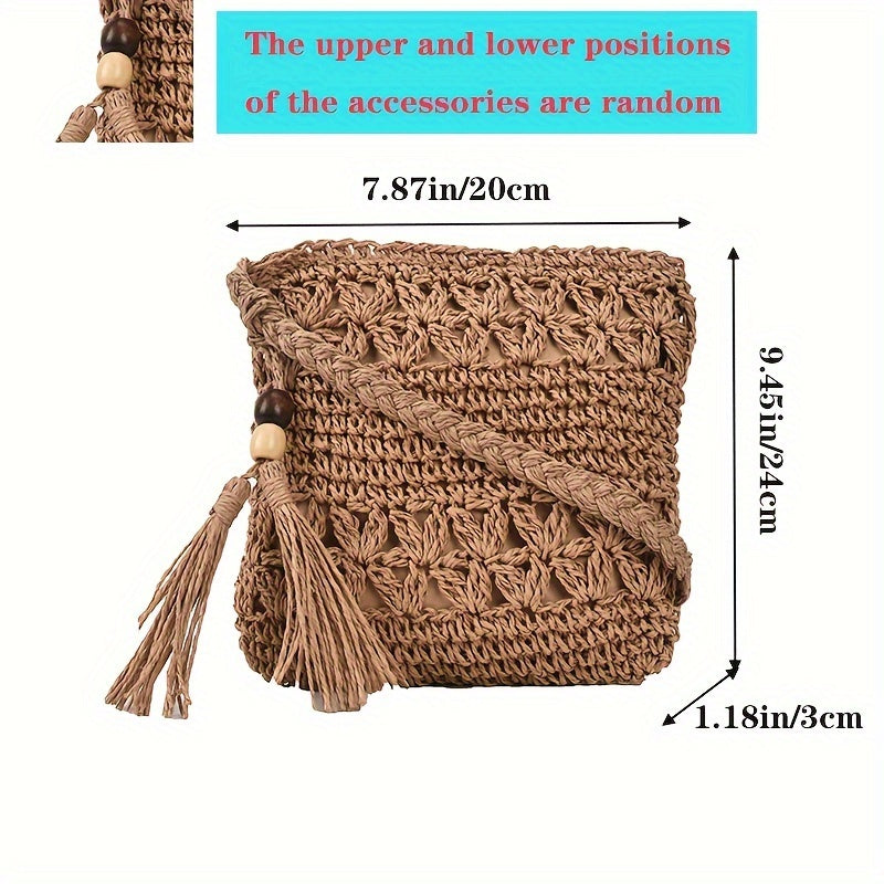 solvbao  Hollow Woven Crossbody Bag, Boho Style Straw Beach Bag, Tassel Decor Square Bag For Summer Travel