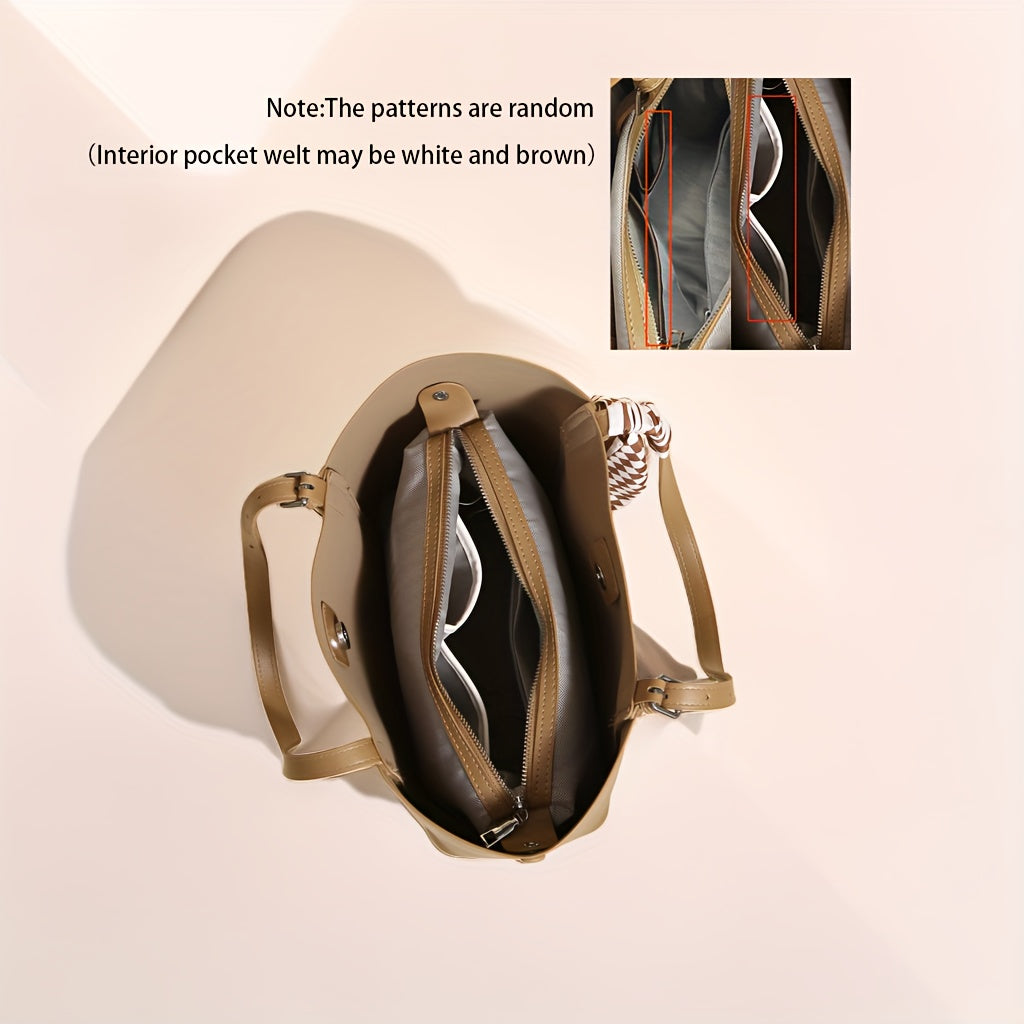 solvbao  Simple Large Capacity Tote Bag, PU Leather Solid Color Shoulder Bag With Silk Scarf, Perfect Women Commuting Bag