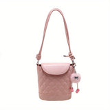 Argyle Quilted Flap Bucket Bag, PU Leather Fashion Crossbody Bag, Solid Color Simple Shoulder Bag