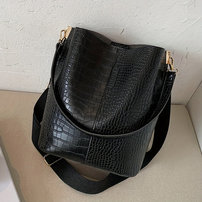 solvbao  Fashion Crocodile Print Bucket Bag, Solid Color Shoulder Bag, Perfect Crossbody Bag For Daily Use