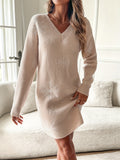 Elegant Snowflake V-Neck Sweater Dress for Women - Polyester, Ribbed Detail, Perfect for Fall & Winter (Belt Not Included)