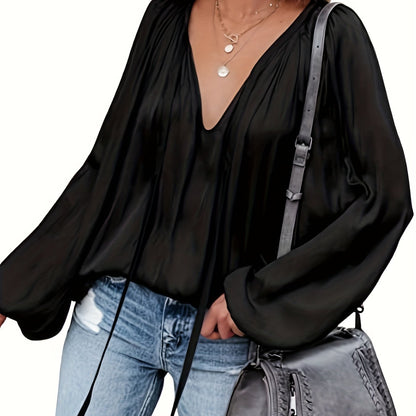 solvbaoSolid Tie Neck Pleated Blouse, Casual Long Sleeve Blouse For Spring & Fall, Women's Clothing