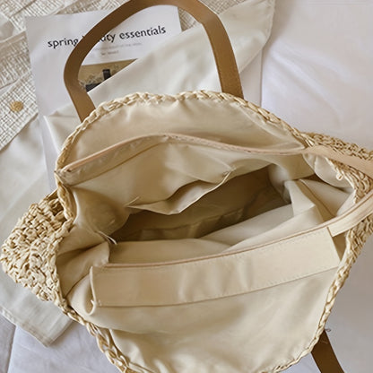 solvbao  Summer Hollow Design Round Straw Bag, Minimalist Woven Women's Shoulder Bag, Beach Bag