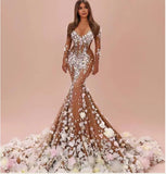 Celebrity dess Long dress Yousef aljasmi O-Neck Long sleeve Mermaid Flower AppliquesTransparent Kylie jenner Red Long dress Kim kardashian Women cloth