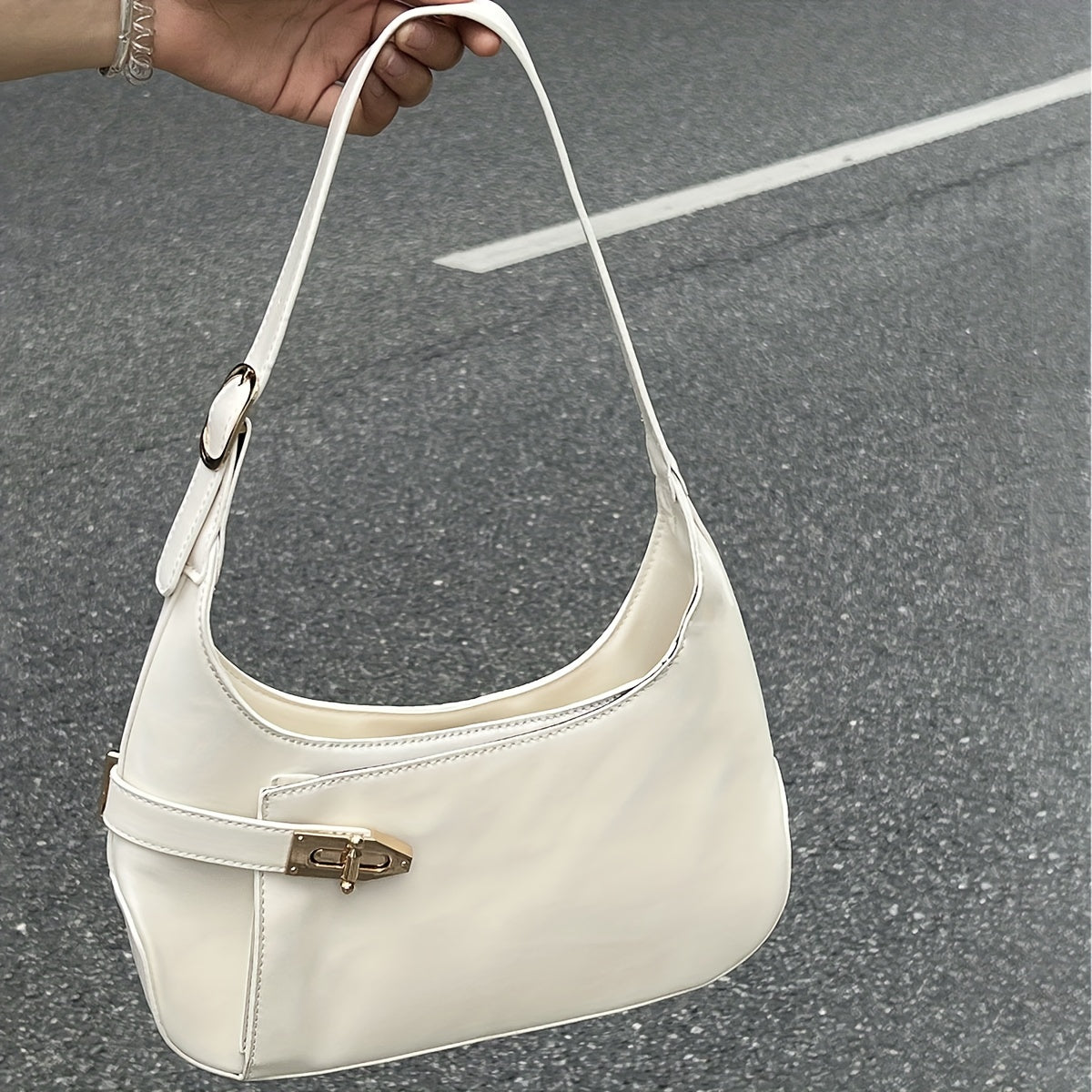 Flap Turn-Lock Baguette Bag, Solid Color Minimalist Underarm Bag For Girls, Niche Commuting Retro Shoulder Handbag