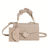 Stylish Crocodile Pattern Square Shoulder Bag Top Ruched Handle Satchel Bag For Women