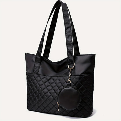 solvbao  Simple Argyle Quilted Tote Bag, Casual Large Shoulder Bag, Versatile Shopping Bag With Coin Purse