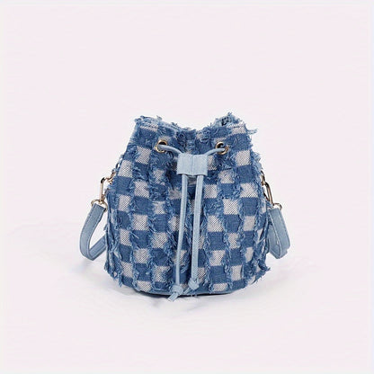 solvbao  Mini Plaid Print Bucket Bag, Vintage Denim Crossbody Bag, Women's Fashion Handbag, Shoulder Bag & Purse