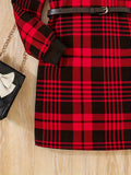 Elegant Two-Tone Plaid & Ribbed Christmas Dress with Belt for Teens - Long Sleeve, Stretch Fabric, Perfect for Spring/Fall