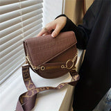 solvbao Mini Stone Pattern Saddle Bag, Letter Wide Strap Crossbody Bag, Women's Chain Handbag & Flap Purse