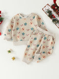 Baby Cute Cartoon Allover Print 2pcs Outfits, Toddler's Christmas Casual Pullover Top Pants Set