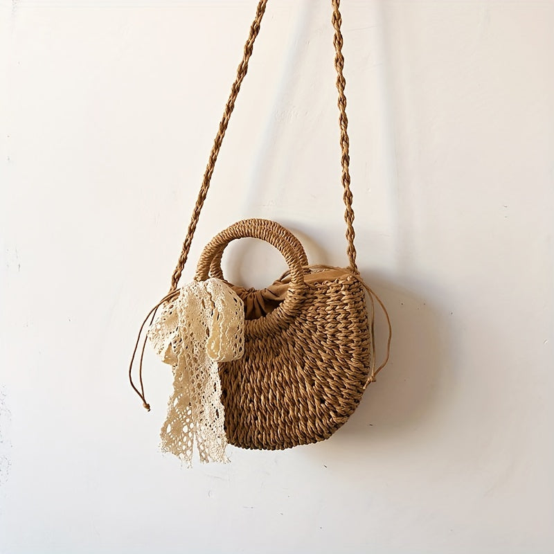 solvbao  Simple Woven Drawstring Shoulder Bag, Minimalist Straw Crossbody Bag With Scarf Decor