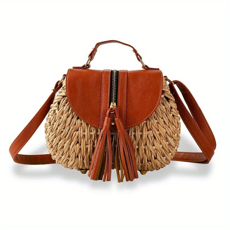 solvbao  Mini Straw Woven Crossbody Bag, Vintage Summer Beach Shoulder Bag, Women's Retro Handbag & Purse For Travel Vacation