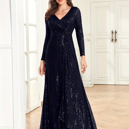 solvbaoSequins V Neck Evening Dress, Elegant Long Sleeve Waist Guest Prom Cocktail Floor Length Dress, Women's Clothing