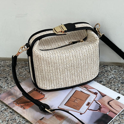 solvbao  Straw Crossbody Bag, Vacation Style Zipper Shoulder Bag With Top Handle & Removable-strap