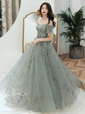 Solvbao Light Green Off Shoulder Long Formal Dress, Green A-line Prom Dress