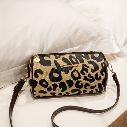 Leopard Print Small Barrel Bag, Vintage Stylish Cylinder Bag, Women's Versatile Crossbody Bag & Purse