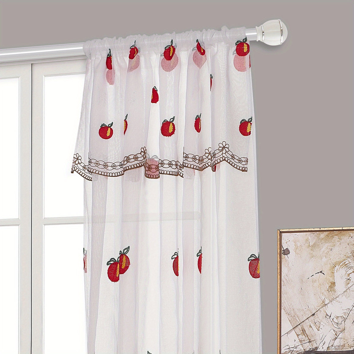 1 Panel Short Curtain, American Country Rod Pocket Small Window Embroidery Fruit Pattern Curtain for Living Room, Study, Balcony Home Decoration