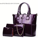 3Pcs Patent Leather Bag Set, Fashion Handbags With Chain Crossbody Bag & Clutch Purse & Card Holder