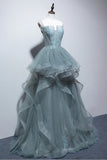 kamahe Gray Spaghetti Straps Tulle Princess Formal Evening Party Dresses Long Formal Prom Dresses