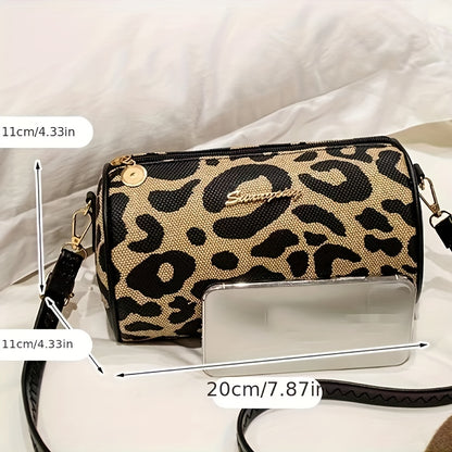 Leopard Print Small Barrel Bag, Vintage Stylish Cylinder Bag, Women's Versatile Crossbody Bag & Purse