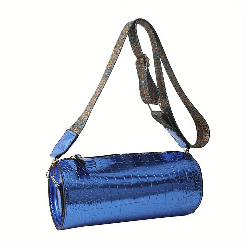 solvbao  Glossy Crocodile Pattern Bucket Bag, Metallic Color Crossbody Bag, Trendy Cylinder Purse With Wide Guitar Strap