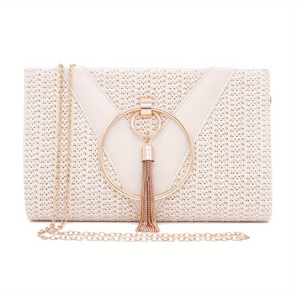 Stylish Chain Shoulder Bag, Retro Tassel Decor Braided Handbag, Versatile Banquet Evening Party Clutch Purse