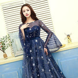 solvbao Navy Blue Tulle Puffy Sleeves Long A-line Prom Dress, Navy Blue Formal Dress