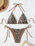 2 Piece Leopard Print Triangle Halter Neck High Cut Tie Side Bikini Swimsuit - Stretchy Polyester Fabric, Lace Up, Random Printing, Customized Style - Womens Swimwear & Clothing for Summer Beach Vacation