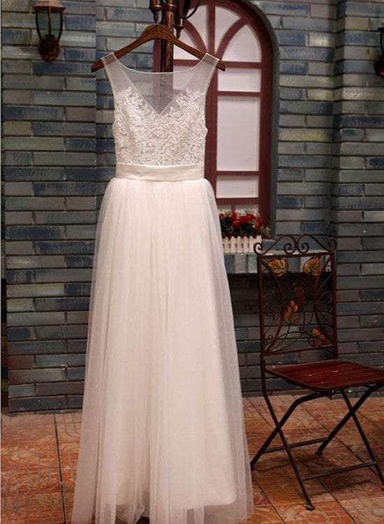 solvbao Simple White Wedding Dresses, Lace and Tulle Party Dresses, Cute Formal Dress Long